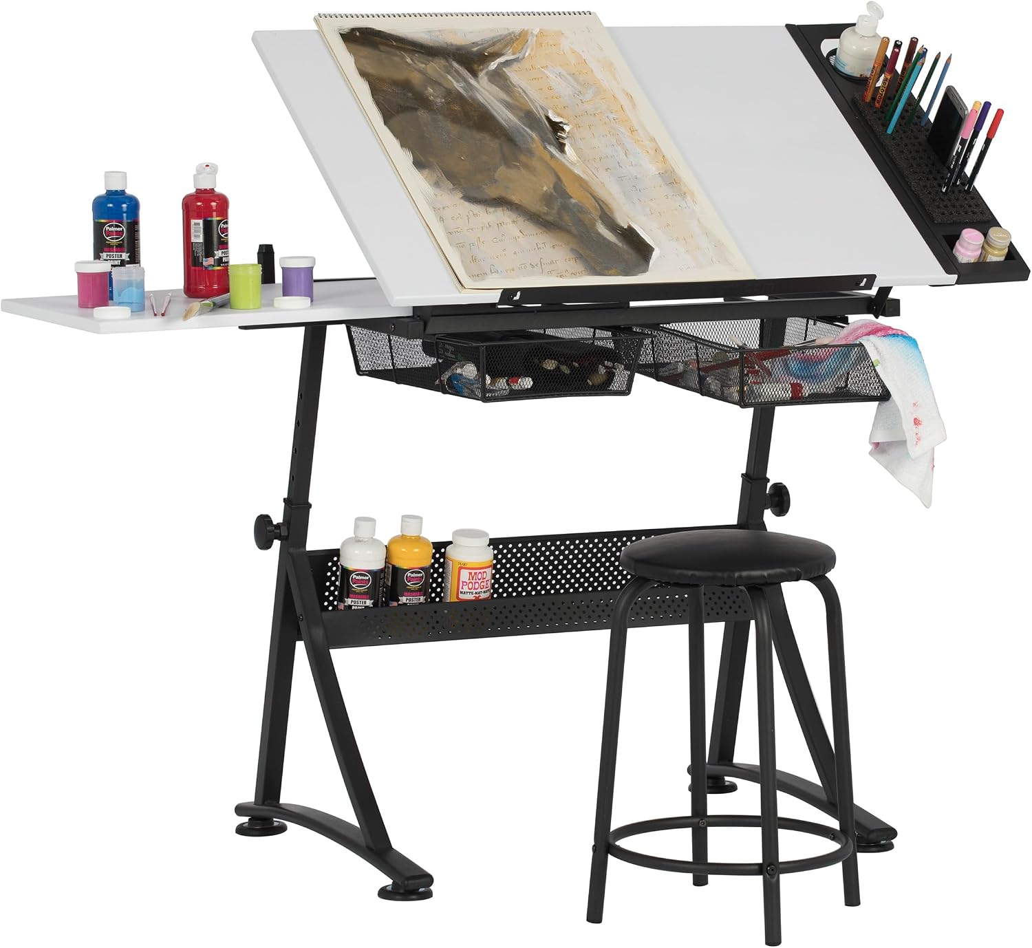 Fusion Drafting Table with Stool, Height Adjustable Desk with Tilt Top, Charcoal / White