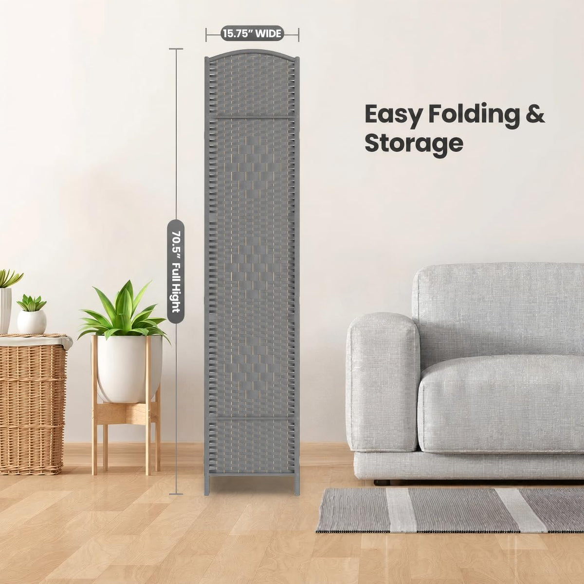 4 Panel Folding Room Divider,Woven Privacy Screen,Grey