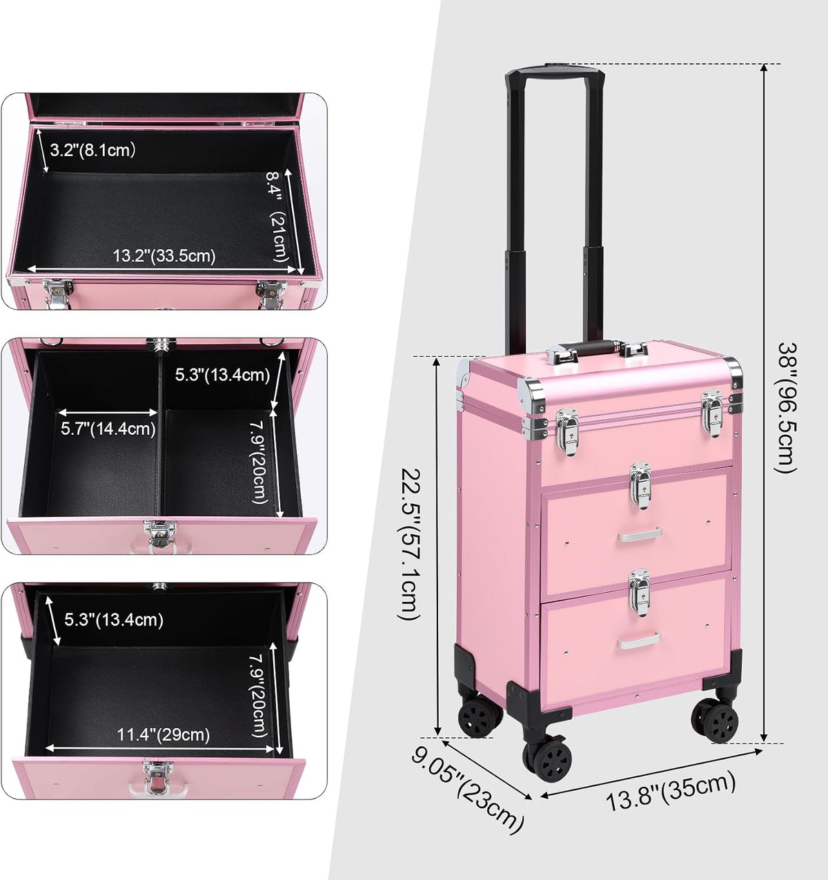 3 in 1 Rolling Makeup Case, Professional Cosmetology Case on Wheels, Detachab...