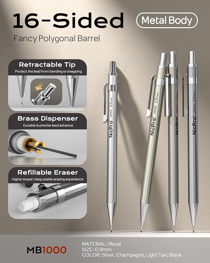 Nicpro 4 Pack Metal Mechanical Pencil Set 0.9mm, MB1000 Lead Drafting Pencil - Image 2