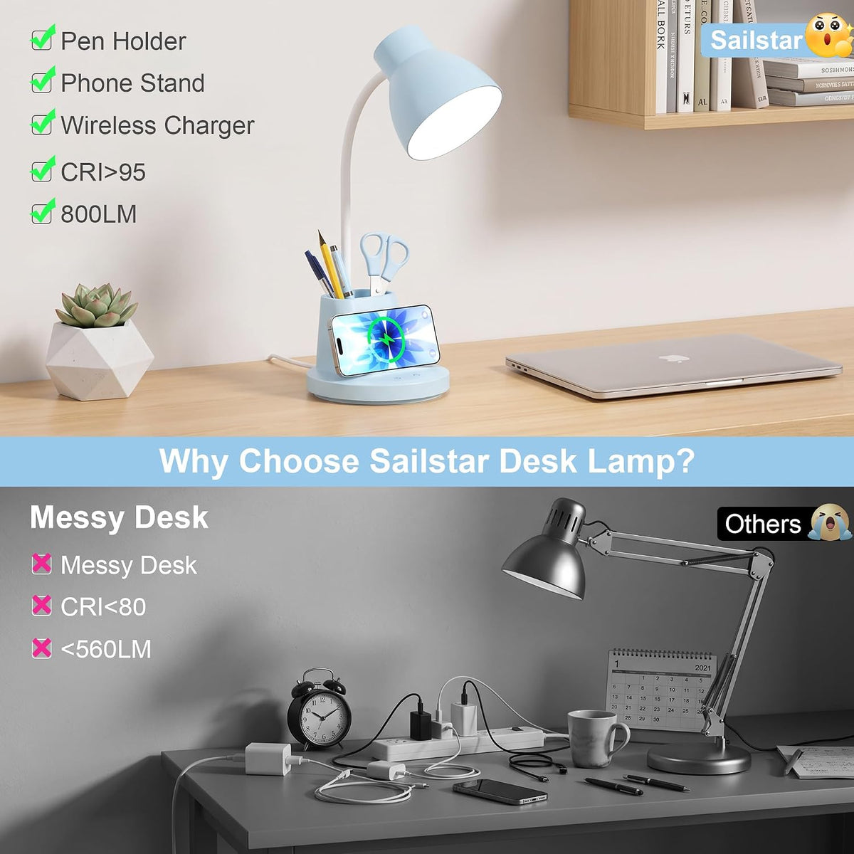 10W Wireless Charging LED Desk Lamp with Pen Holder, CRI 95, Blue