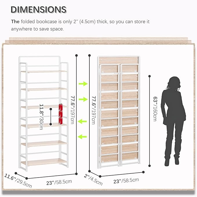4NM No Assembly 6 Tiers Folding Bookshelf Storage Shelves Vintage Bookcase - Image 2
