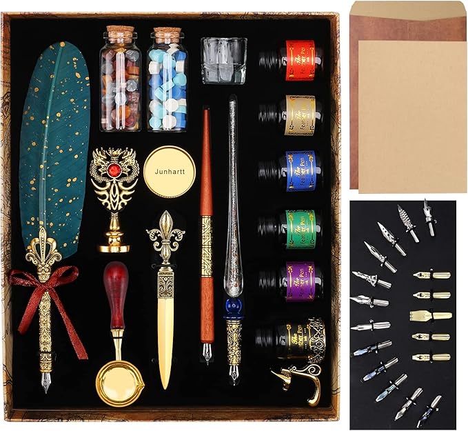 Junhartt Quill Feather Pen and Ink Set, Calligraphy Pen Glass Dip Pen and Wax by Junhartt