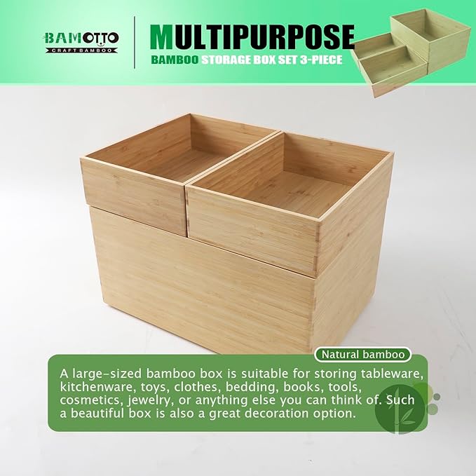 3-Piece Large Bamboo Storage Box Set, 7.1 in High Stackable Deep-Drawer - Image 5