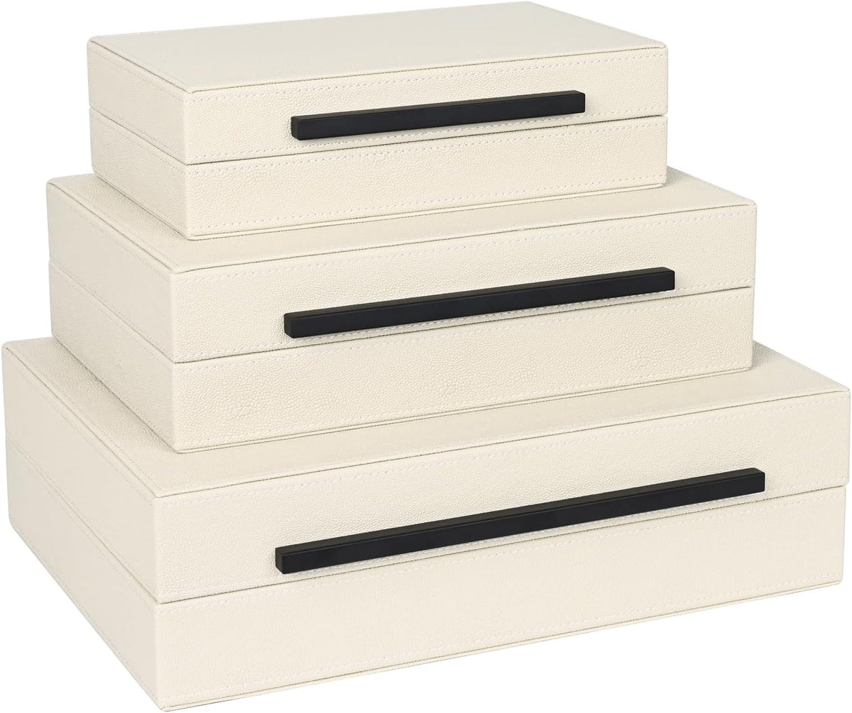Beige Shagreen Decorative Box Set of 3 - Faux Leather Nesting Storage Boxes w...
