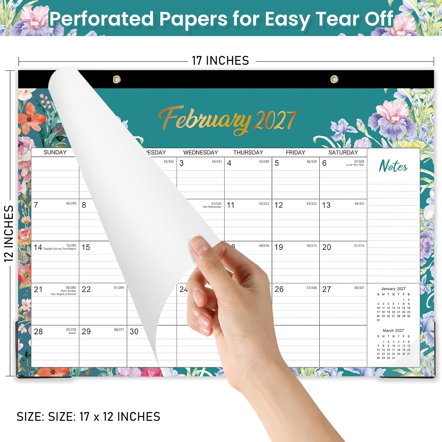 2027 Desk Calendar - January 2027 - December 2027, 17" x 12" | Large Desk Calendar, 12-Month Desktop/Wall Monthly Calendar for Home School, or Office - 12 Floral Patterns