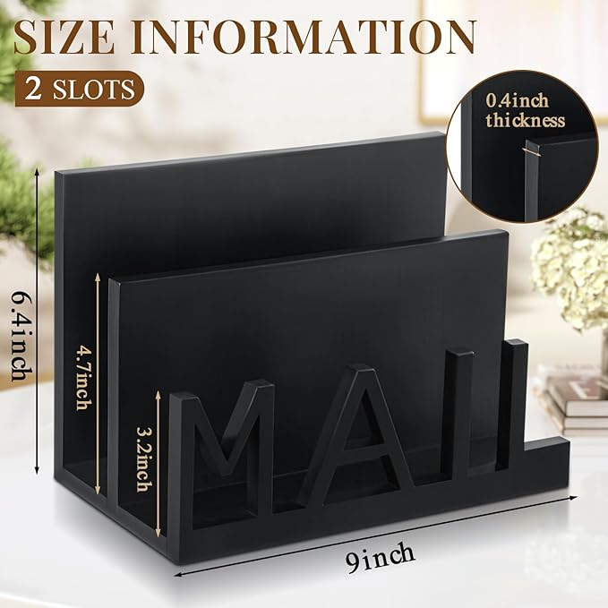 Vercraft 2 Slot Mail Organizer Holder Countertop Wooden Mail Black Letter Holder - Image 2