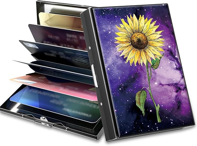 BWEGRHE Slim Credit Card Holder, Sunflower Yellow Purple Galaxy RFID Blocking by BWEGRHE