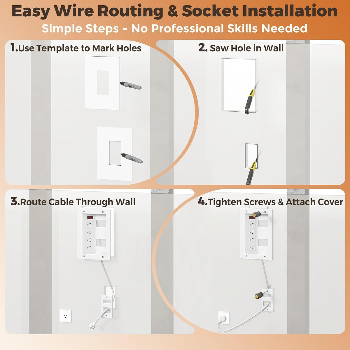 In Wall Cable Management Kit with Recessed Outlet Box, 4 Outlets, 9.8FT Cord,...