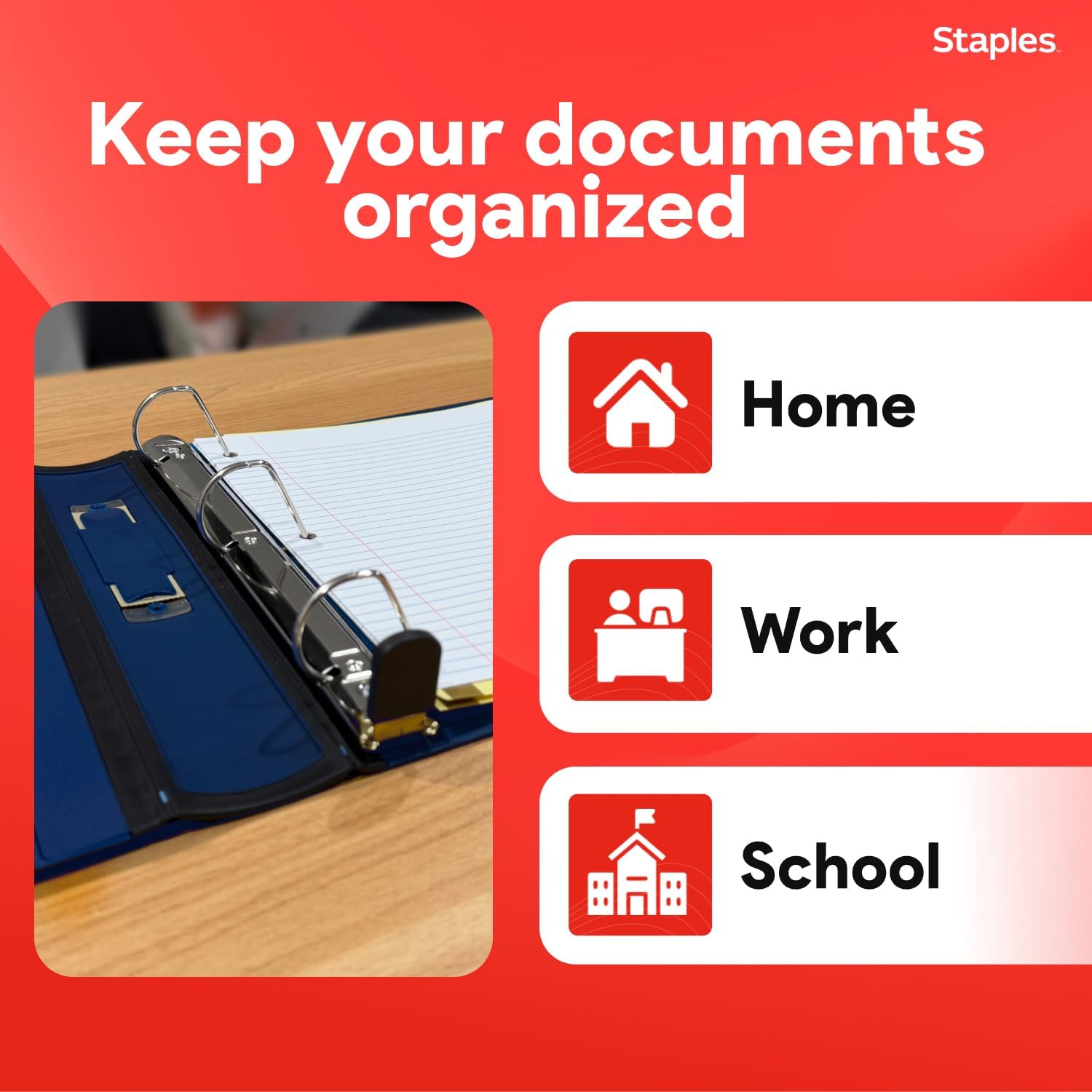 Staples Better View 1.5-Inch D-Ring Binder, Blue, Clear Overlay | Durable 3-ring binder for school and office document organization.