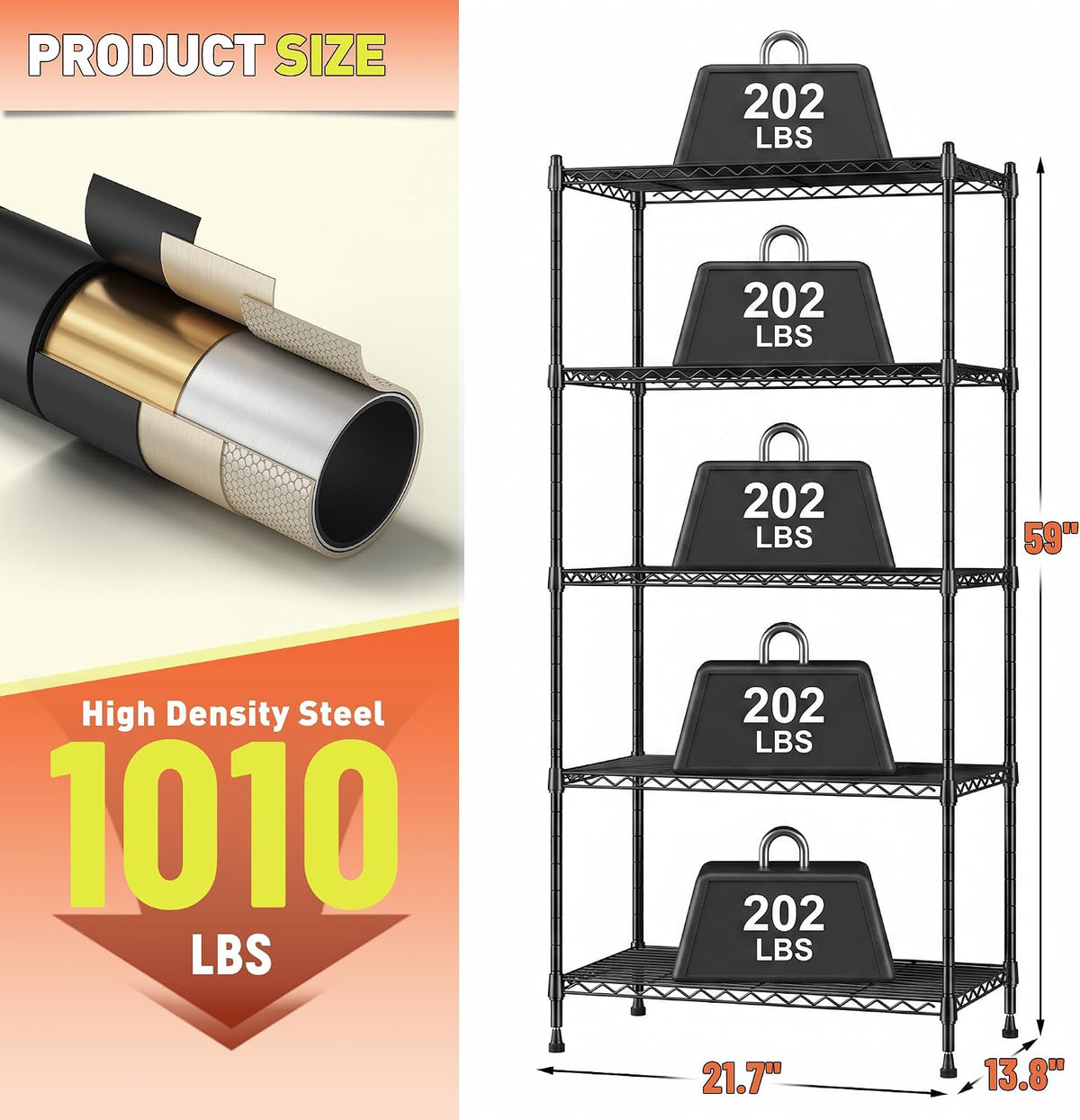 romorgniz 5-tier adjustable wire shelving, 1010lbs, kitchen pantry, close-up detail