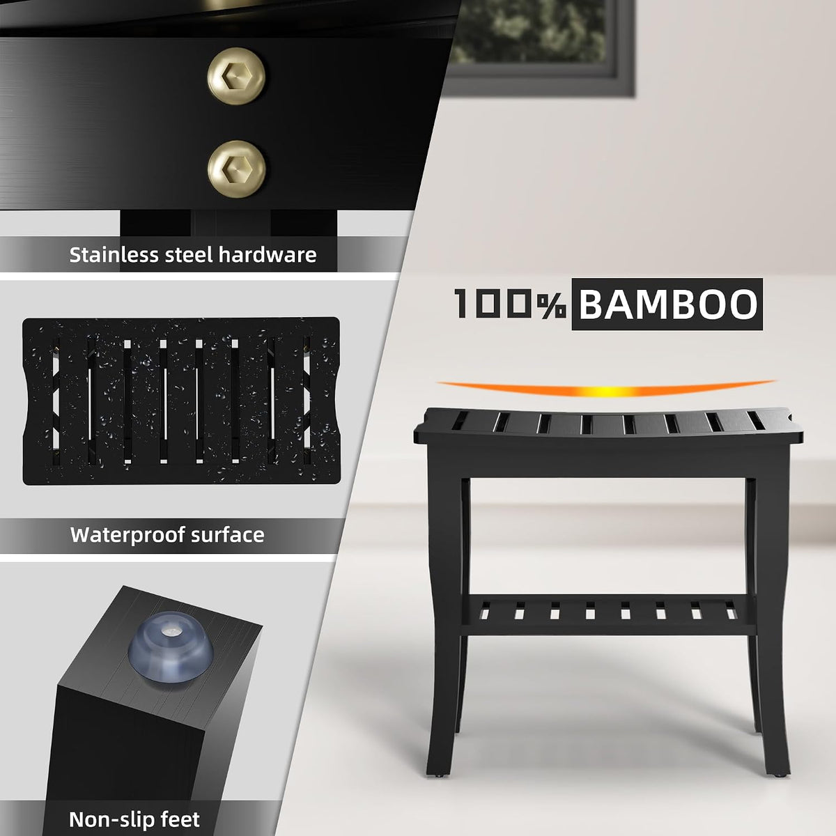 Domax Bamboo Shower Bench & Stool Waterproof - Wood Shower Bench with Sto...