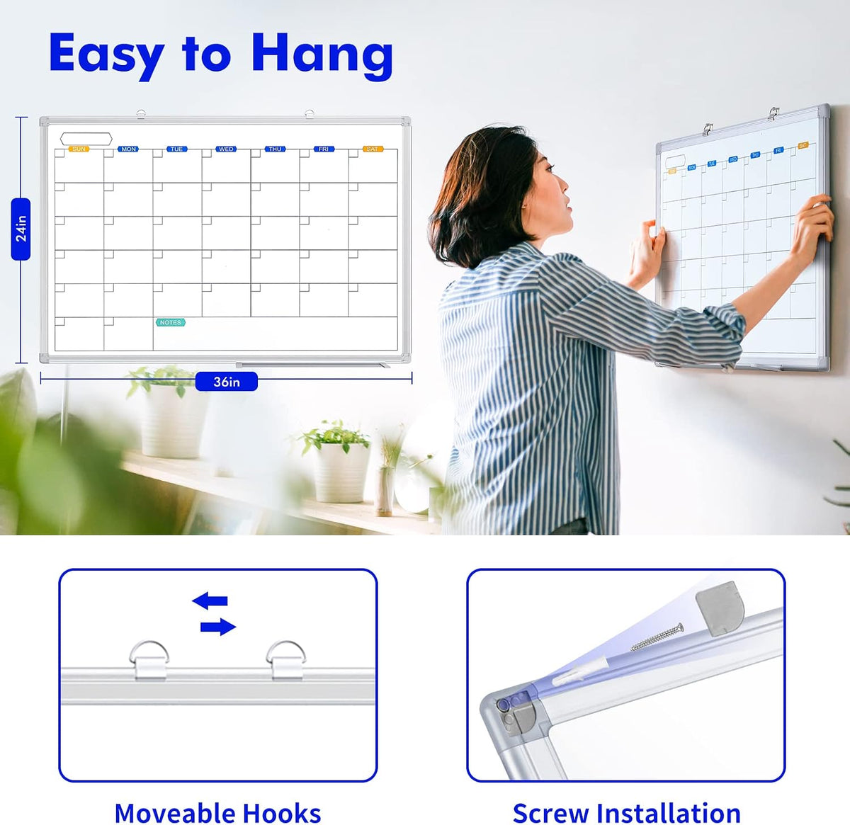 White Board Calendar Dry Erase for Wall, 36" x 24" Aluminum Frame