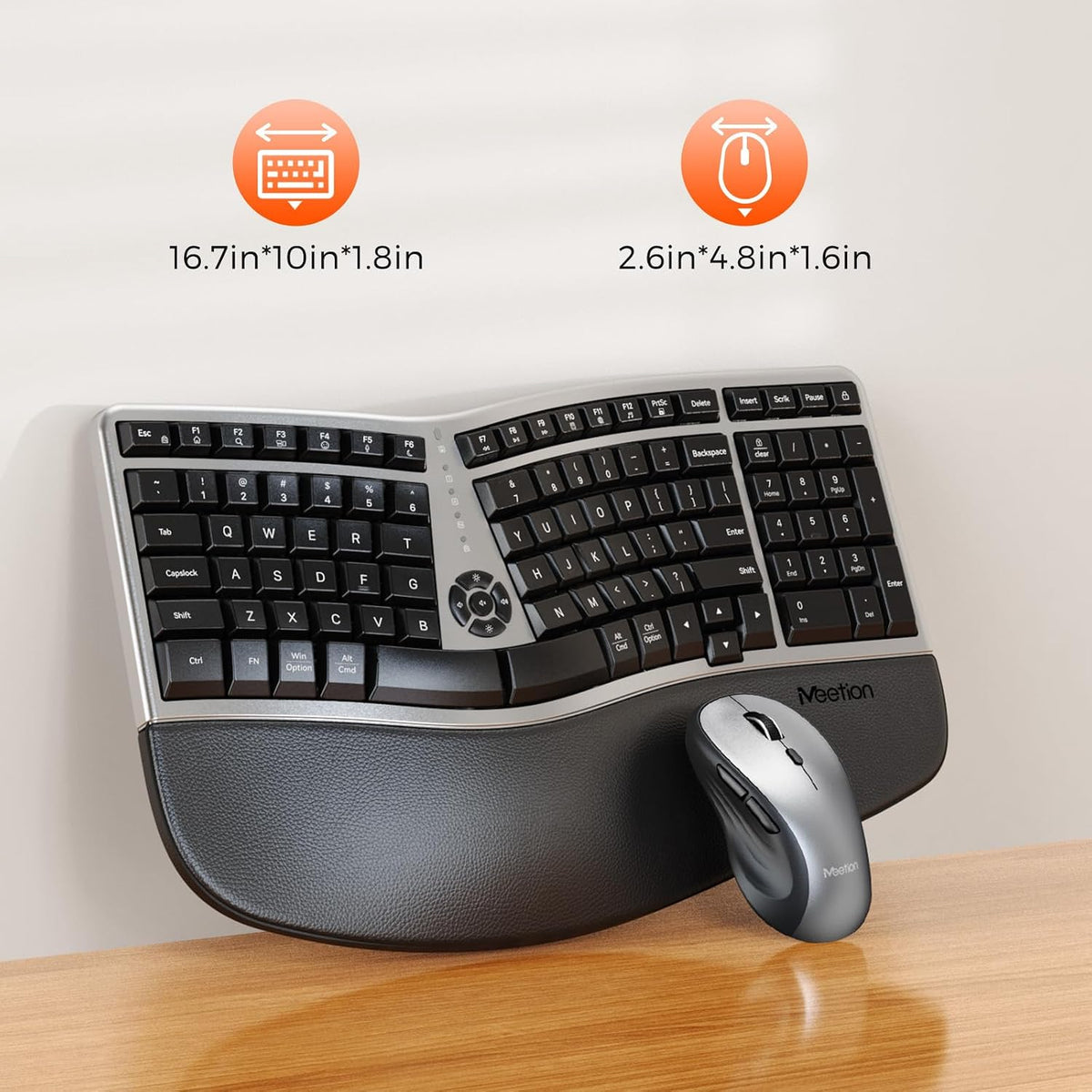 MEETION Ergonomic Wireless Keyboard and Mouse with Leather Palm Rest, Black