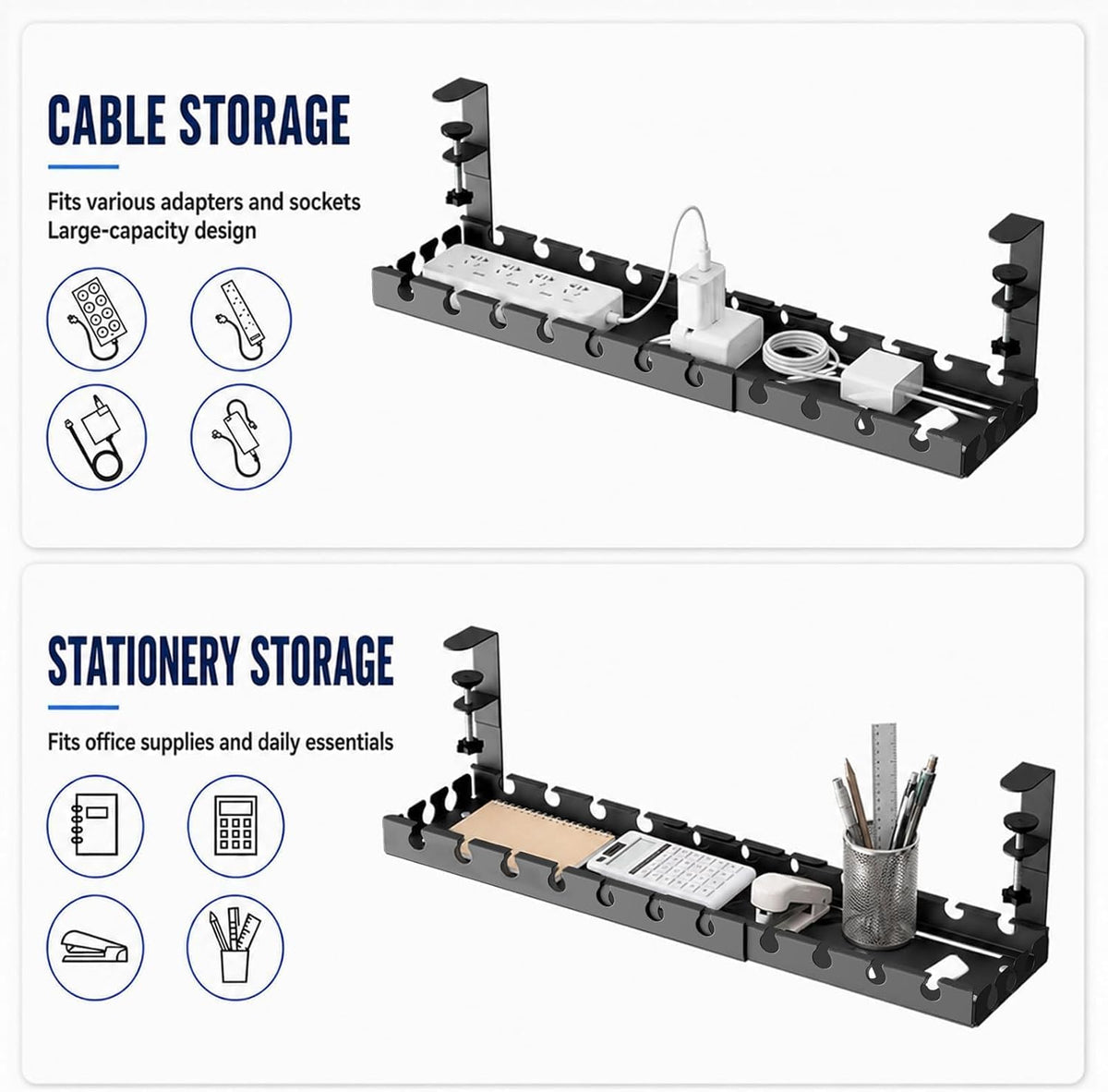 Under Desk Cable Management Tray, No Drill Clamp Mount, 17-30 Inch