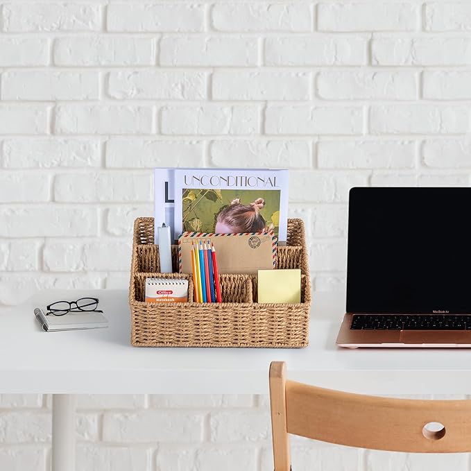 DINGTAI Rattan Desk Organizer, Tabletop Mail Holder, 5 Slot Mail Organizer - Image 6