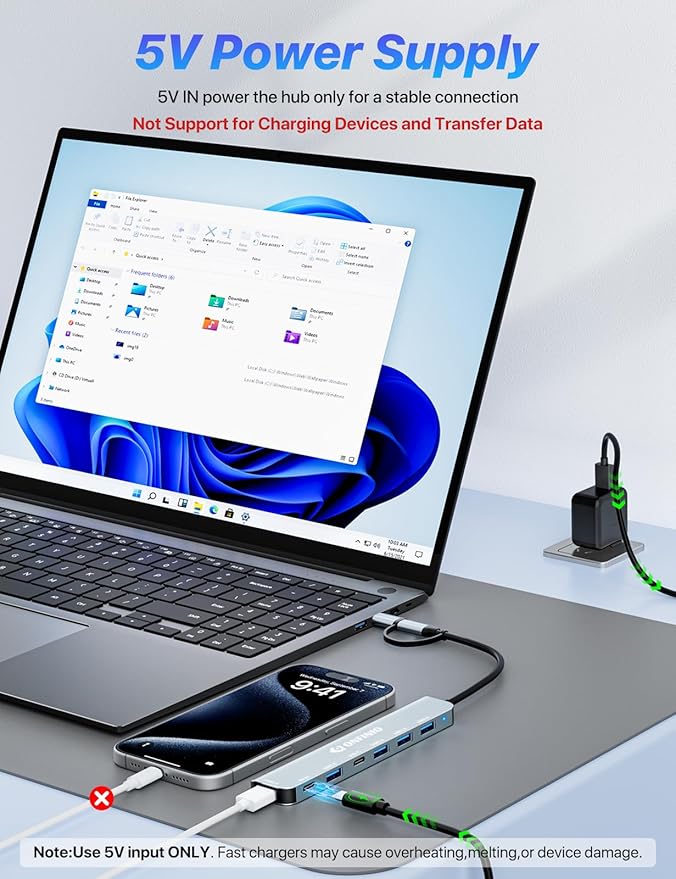 ONFINIO USB C/USB Hub Multiport Adapter, 7 in 1 Aluminum USB 3.0 Hub - Image 4