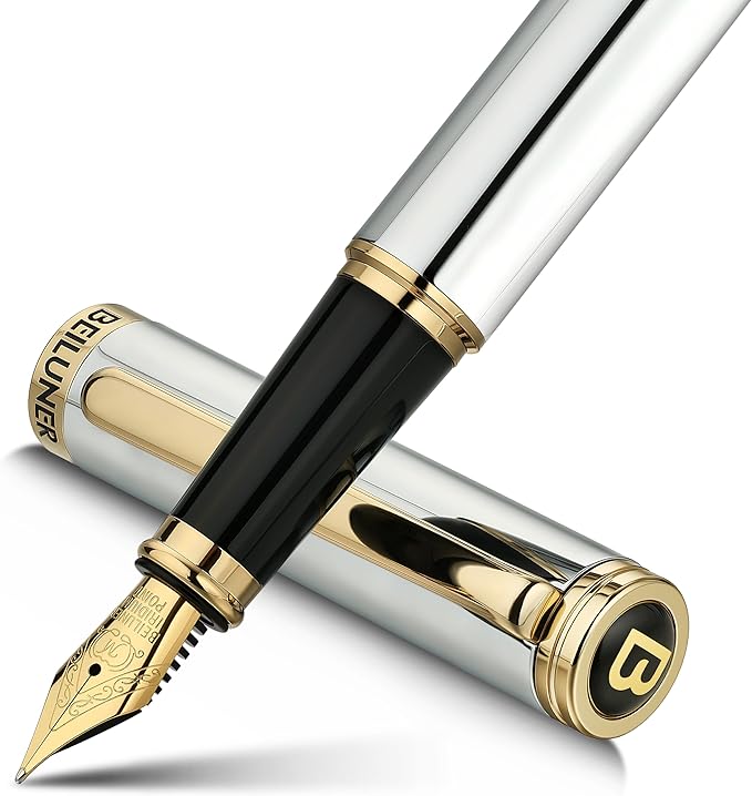 BEILUNER Silver Chrome Fountain Pen, Stunning Luxury by BEILUNER