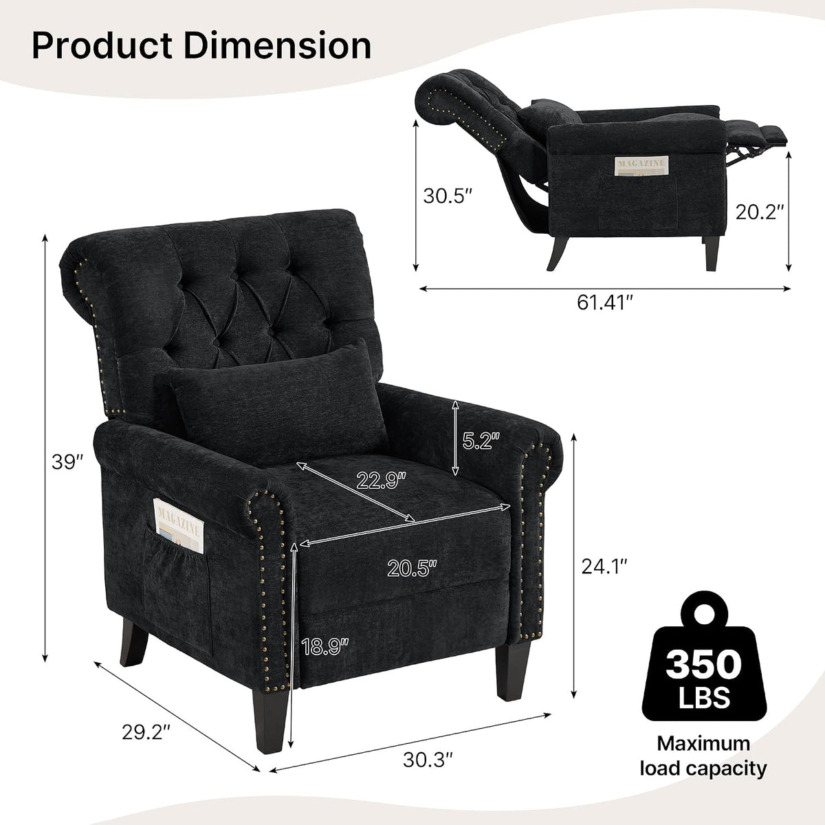 Pushback Recliner Chair, Accent Push Back Chair with Adjustable Footrest, Che...