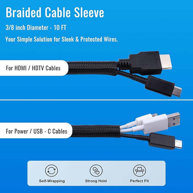 Flauzmann 3/8" Braided Cable Sleeve - 10Ft Cat Cord Protector Split Wire Loom - Image 3