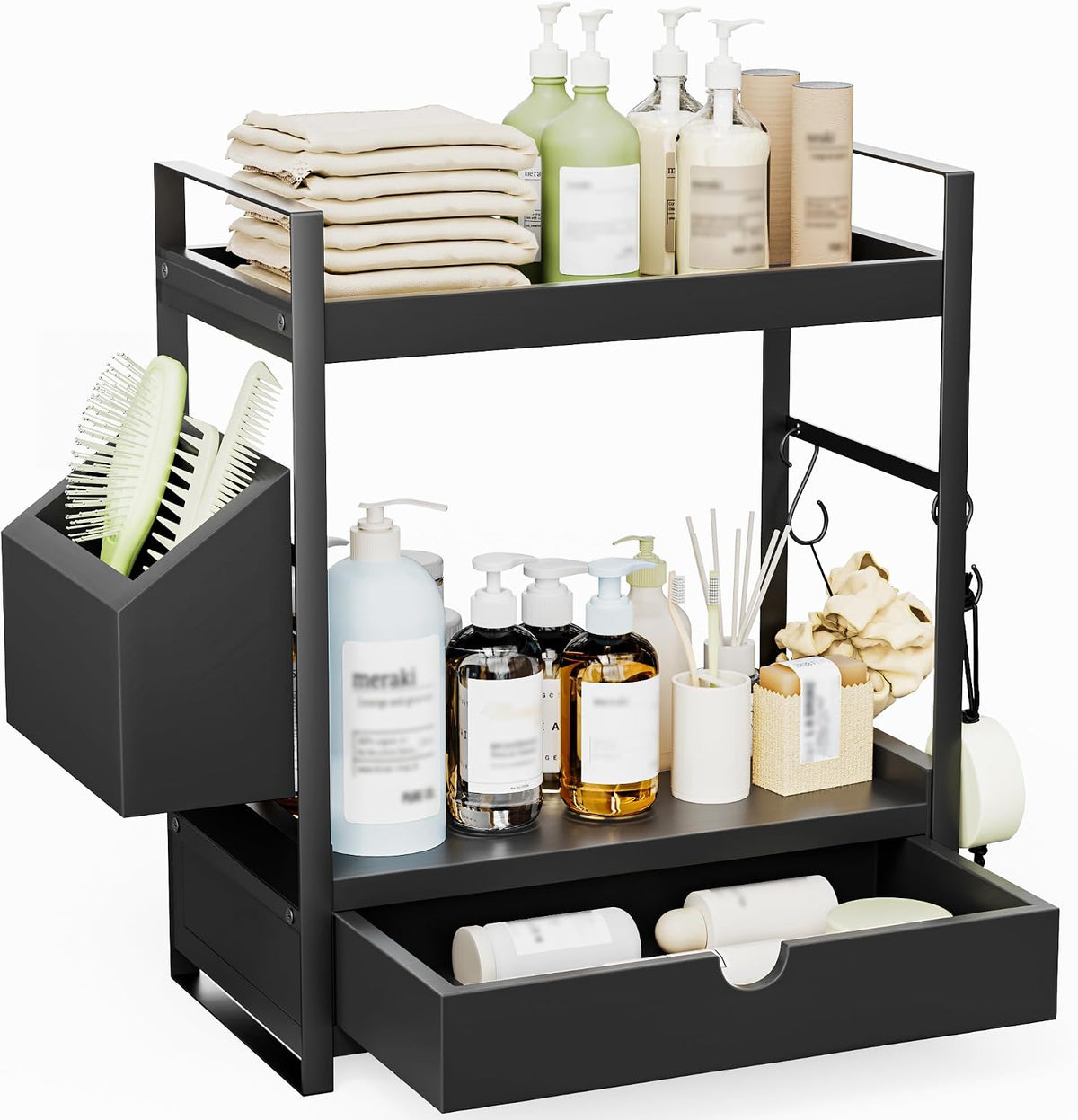 2-Tier Bathroom Counter Organizer, Wooden Vanity Shelf with Drawer & Basket