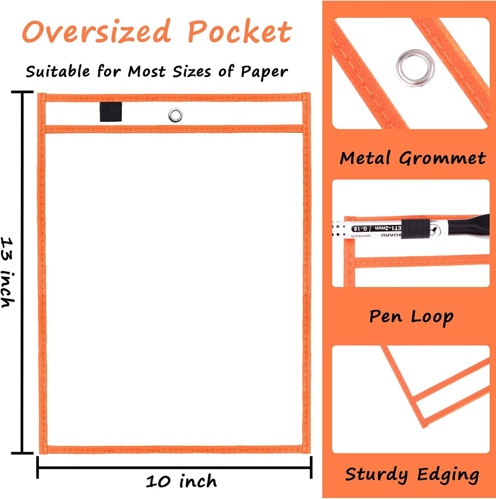 30 Pack Oversized Dry Erase Pockets Sleeves Reusable Ticket Holders, Clear Plastic Sheet Page Protectors, Heavy Duty Work Pockets School Teacher Classroom Office Organization Supplies, 10 Color