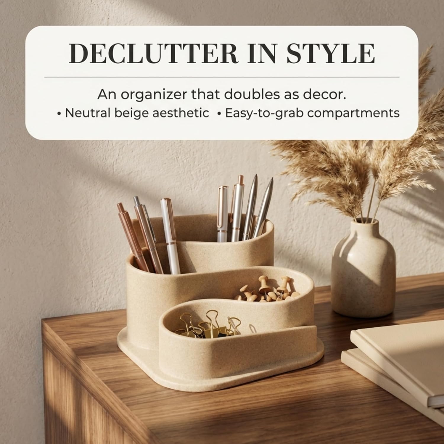 OAKOA Aesthetic Desk Organizer - Modern Desk Accessories - Boho Pen Holder | Beige Aesthetic Desk Accessories - Modern Cute Desk Organizer - Neutral Boho Desk Accessories - Desk Essentials for Women