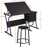 Yaheetech Tilting Drafting Table Art Craft Desk with Stool, Drawers, Black | Steel frame and MDF top adjusts 0-40° for drawing or diamond painting; 3 drawers and shelf organize supplies in small spaces.