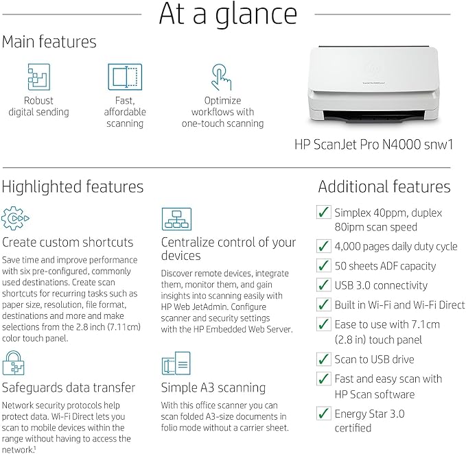 HP ScanJet Pro N4000 snw1 40ppm Wi-Fi/USB Color Duplex Scanner - Image 3