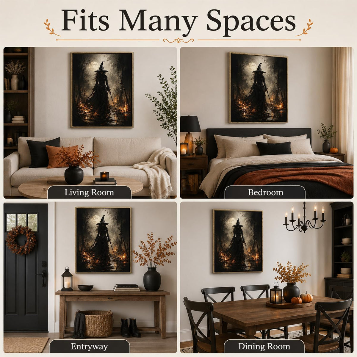 Halloween Framed Wall Art, Dark Witch in Moonlit Forest Halloween Pictures