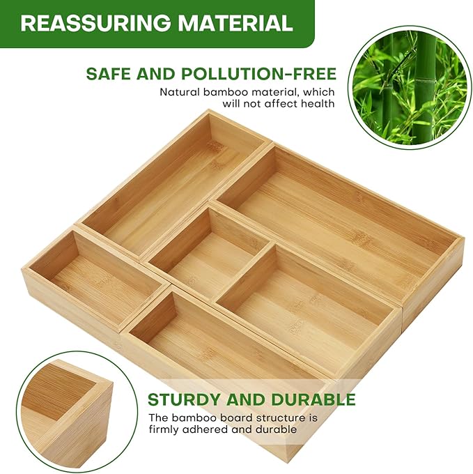 Bamboo Drawer Organizer Set, Junk Drawer Divider and Storage Trays Containers - Image 5