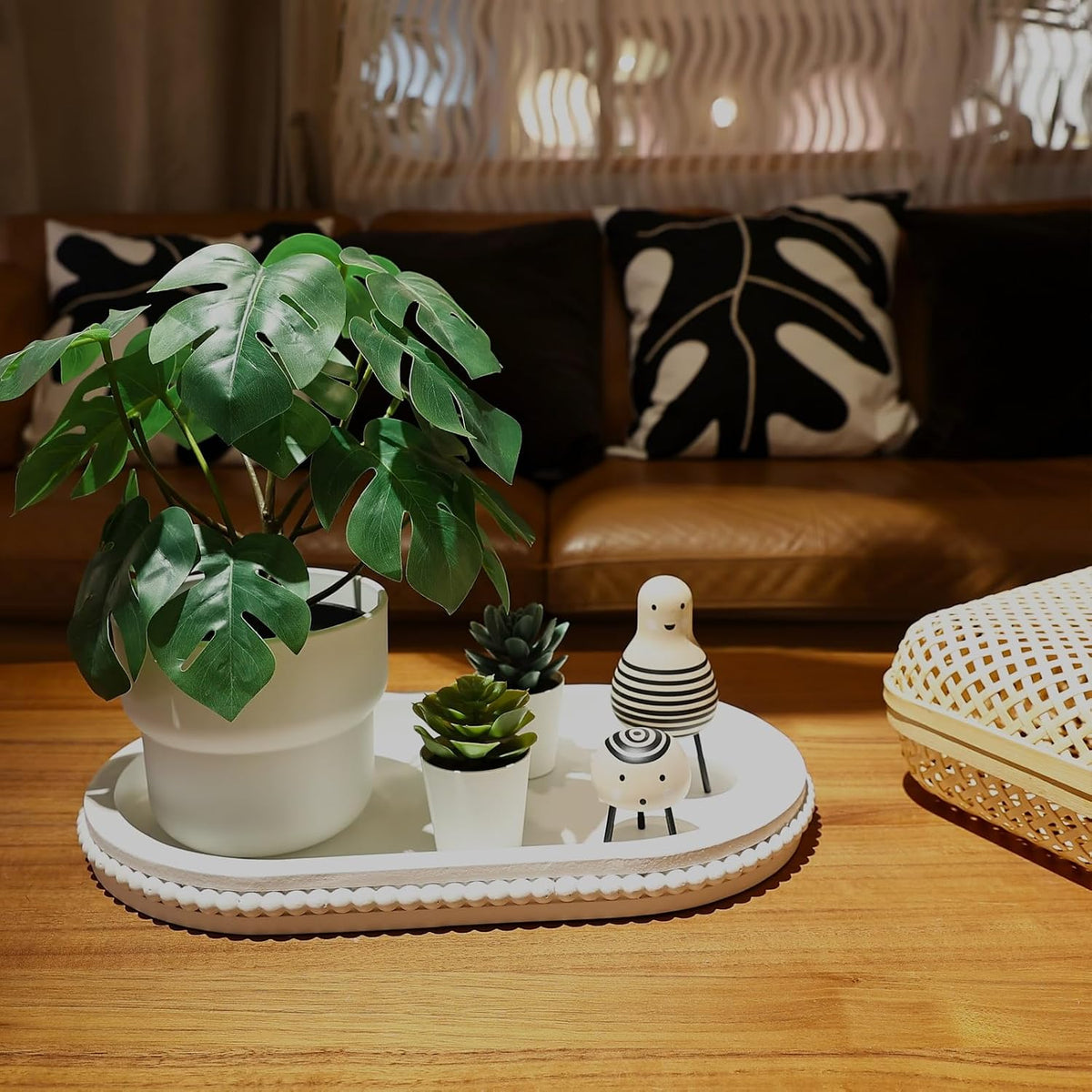 Hrastany White Oval Wood Coffee Table Serving Tray with Beads for Ottoman