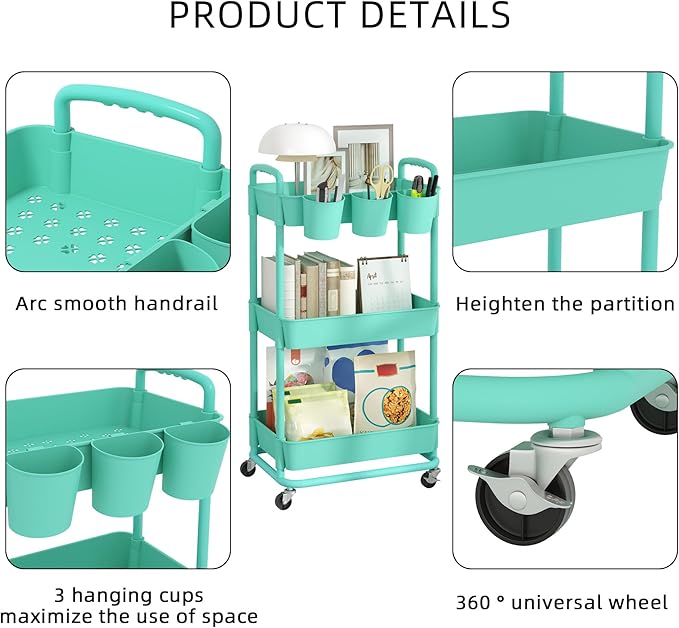 JIUYOTREE 3-Tier Plastic Rolling Storage Cart Utility Cart - Image 7