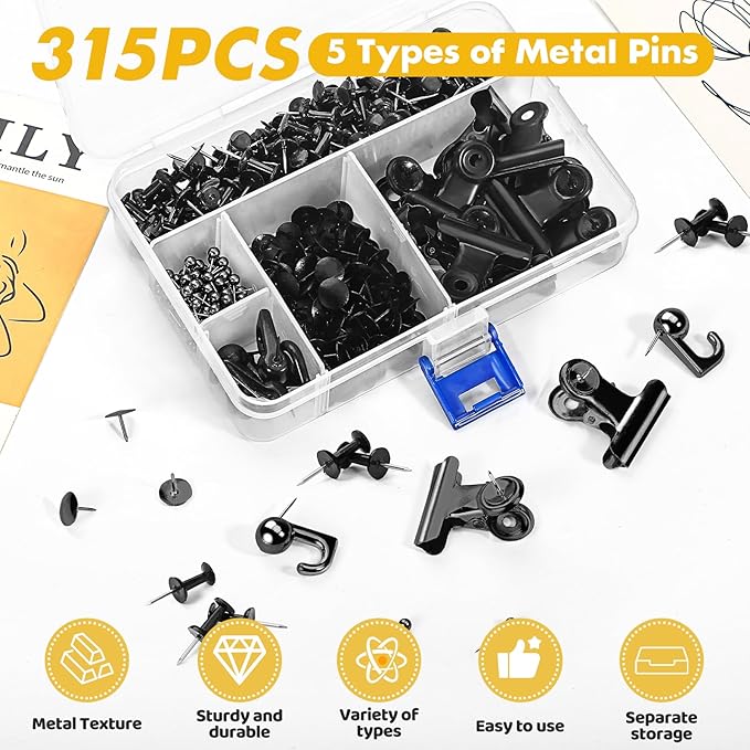 GOOLADA 315Pcs Decorative Push Pins, 5 Style Cork Board Pins, Push Pin Clips - Image 3