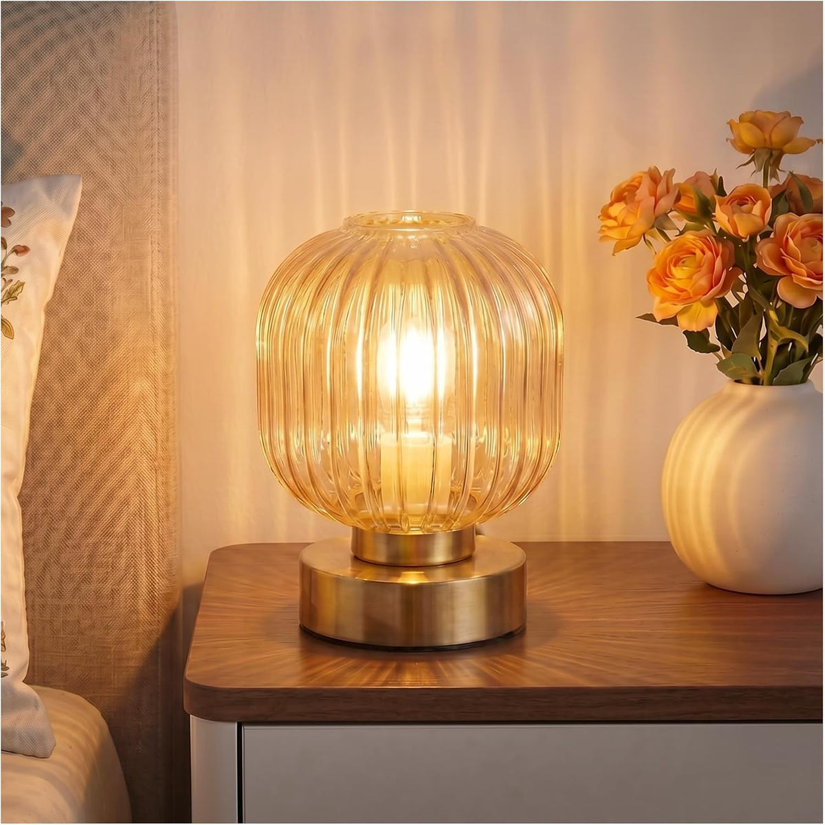 Elenhome Amber Touch Glass Table Lamp, 3-Way Dimmable Bedside Lamp, Vintage M...
