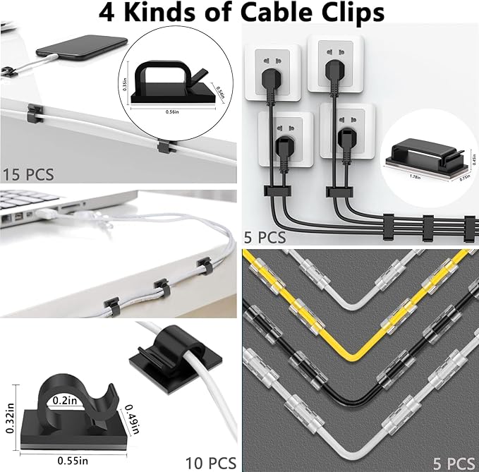 ELII 300PCS Cable Management Kit, 4 Cable Sleeve 35 Cable Clips - Image 6