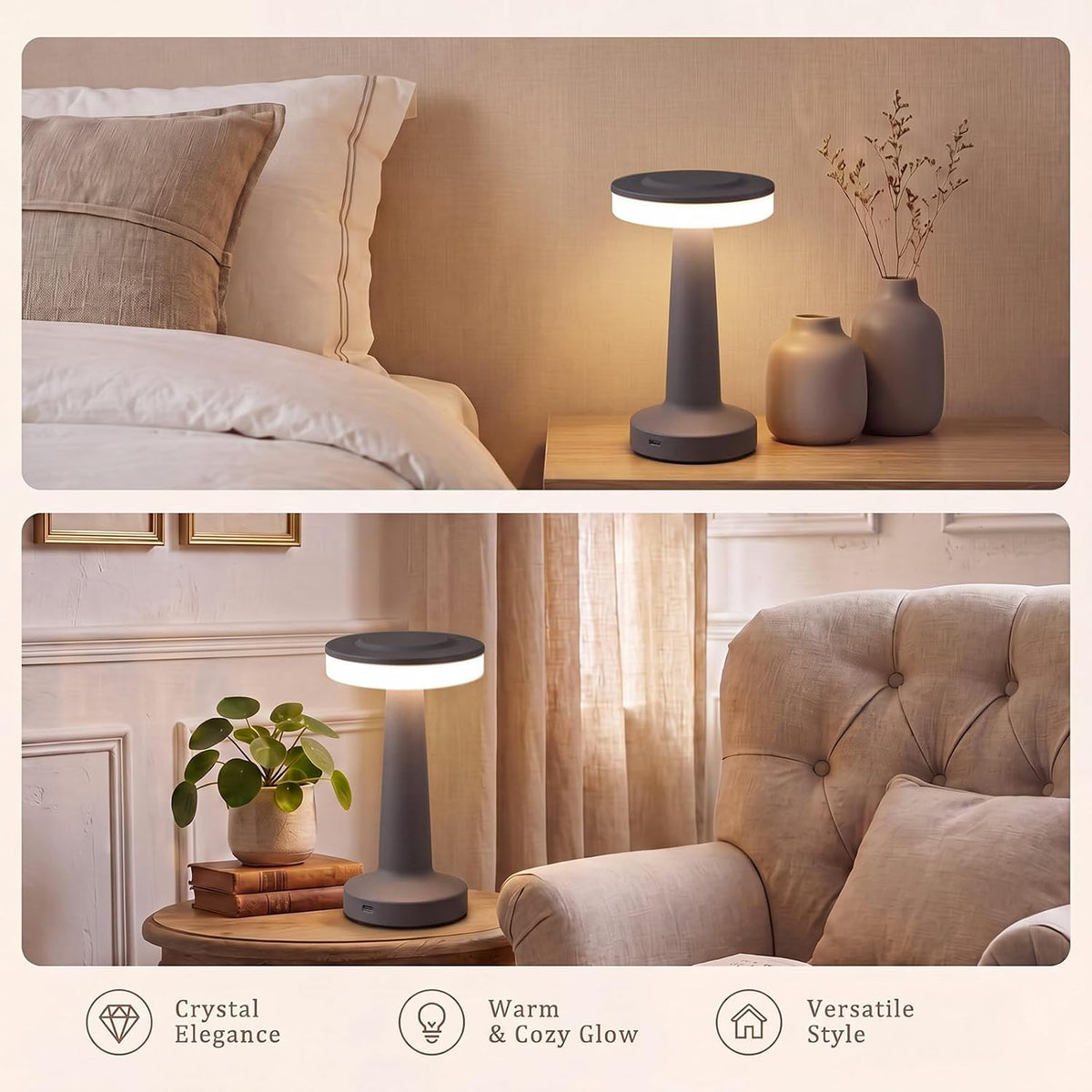 Riakrum 2 Pcs LED Cordless Table Lamp Bulk Rechargeable,Gray
