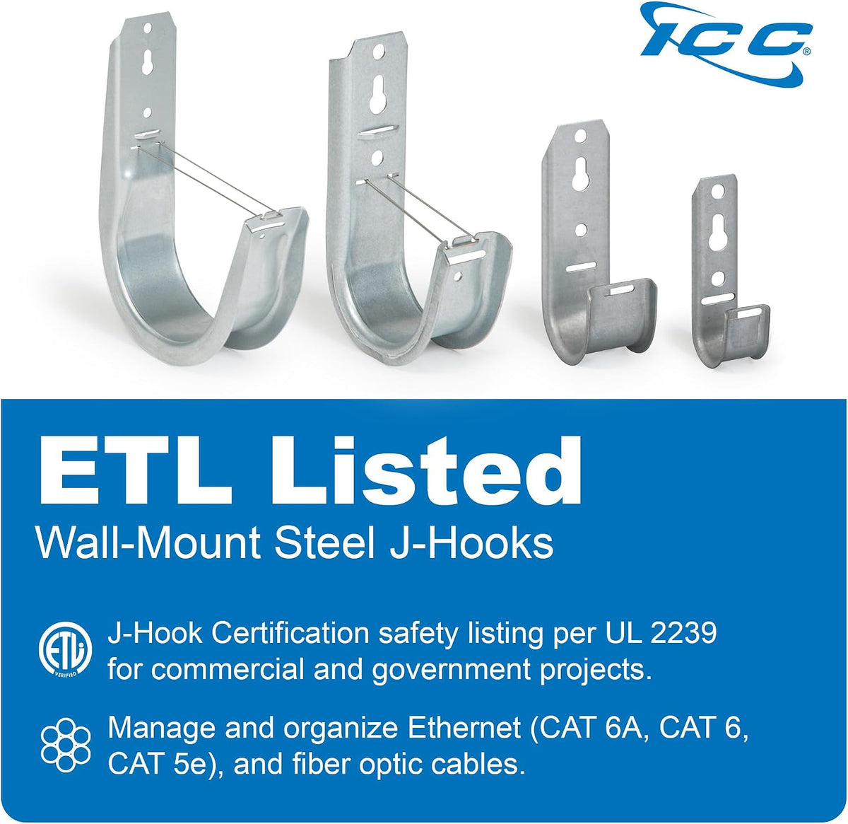 ICC 2-Inch Wall Mount J Hook Cable Management, Retainer Clips, 25-Pack