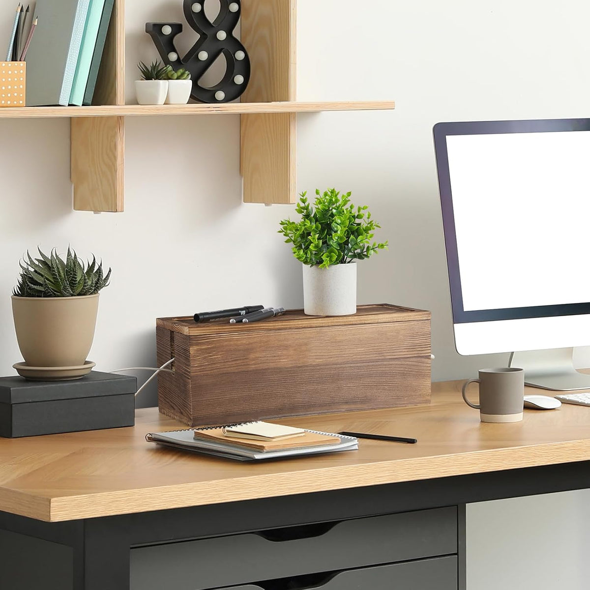 Large Cable Management Box, Burnt Wood Cord Organizer Box for Desk, Floor, Of...