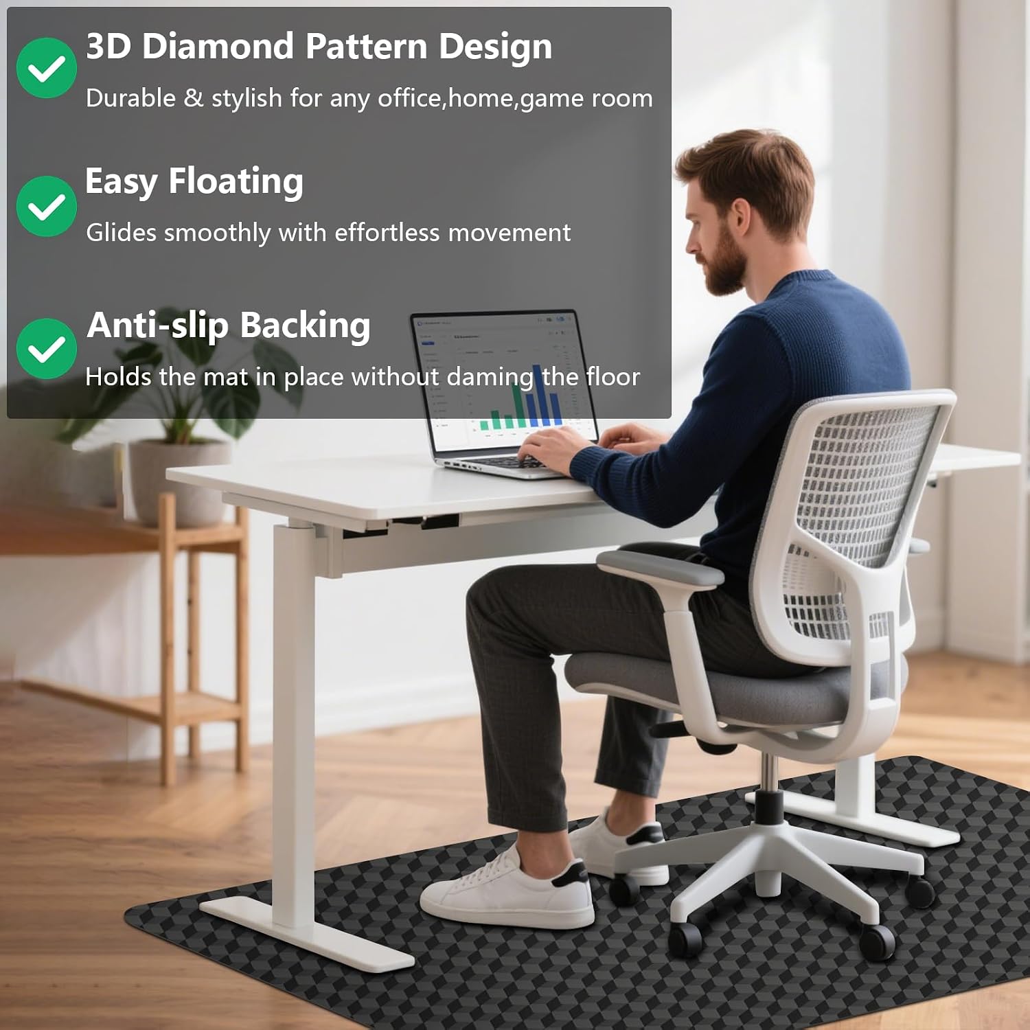 AiBOB Gaming Chair Mat for Hardwood Floor, 53" x 45" 3D Diamond Design | Stylish Office Computer Desk Mat, No Carpet, Protcet Floor, Durable Plastic, Non-Slip Backing, Smooth Rolling, Easy to Clean