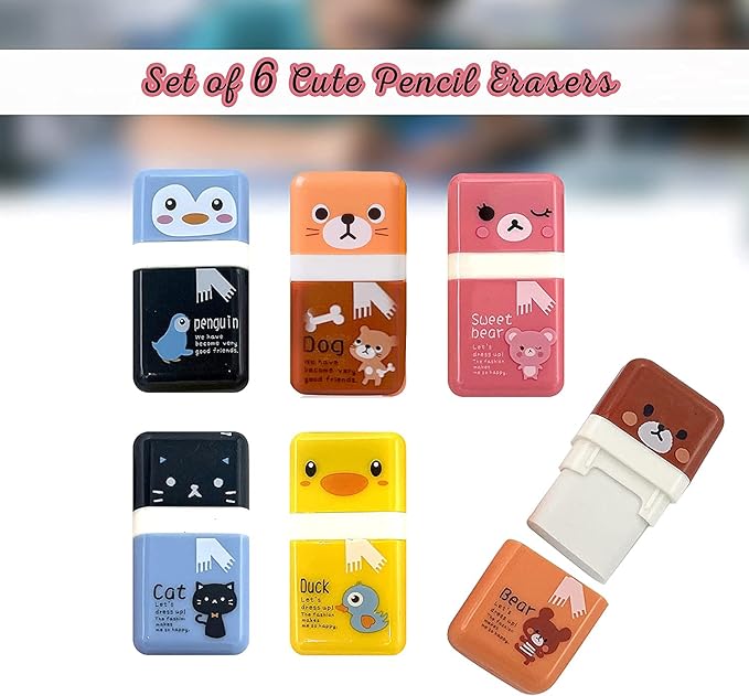 Performore 6‑Pack Animal‑Theme Cute Pencil Erasers - Image 3