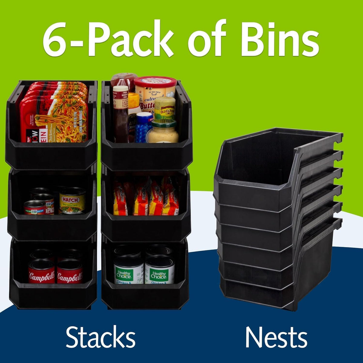 ReadySpace Large Stackable Plastic Storage Bins, 6-Pack, Black