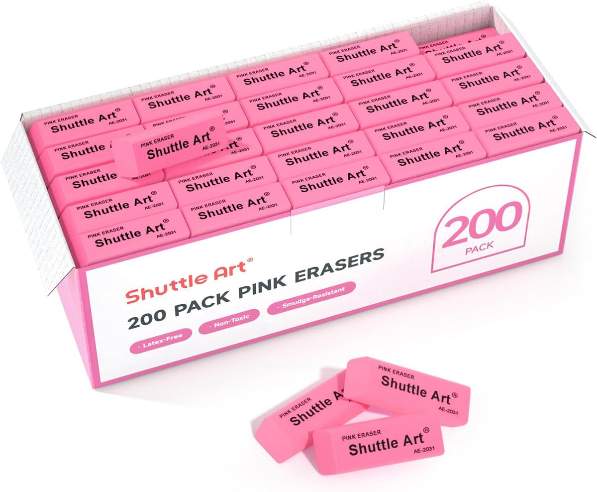 Shuttle Art Pink Erasers, 200 Pack Bulk