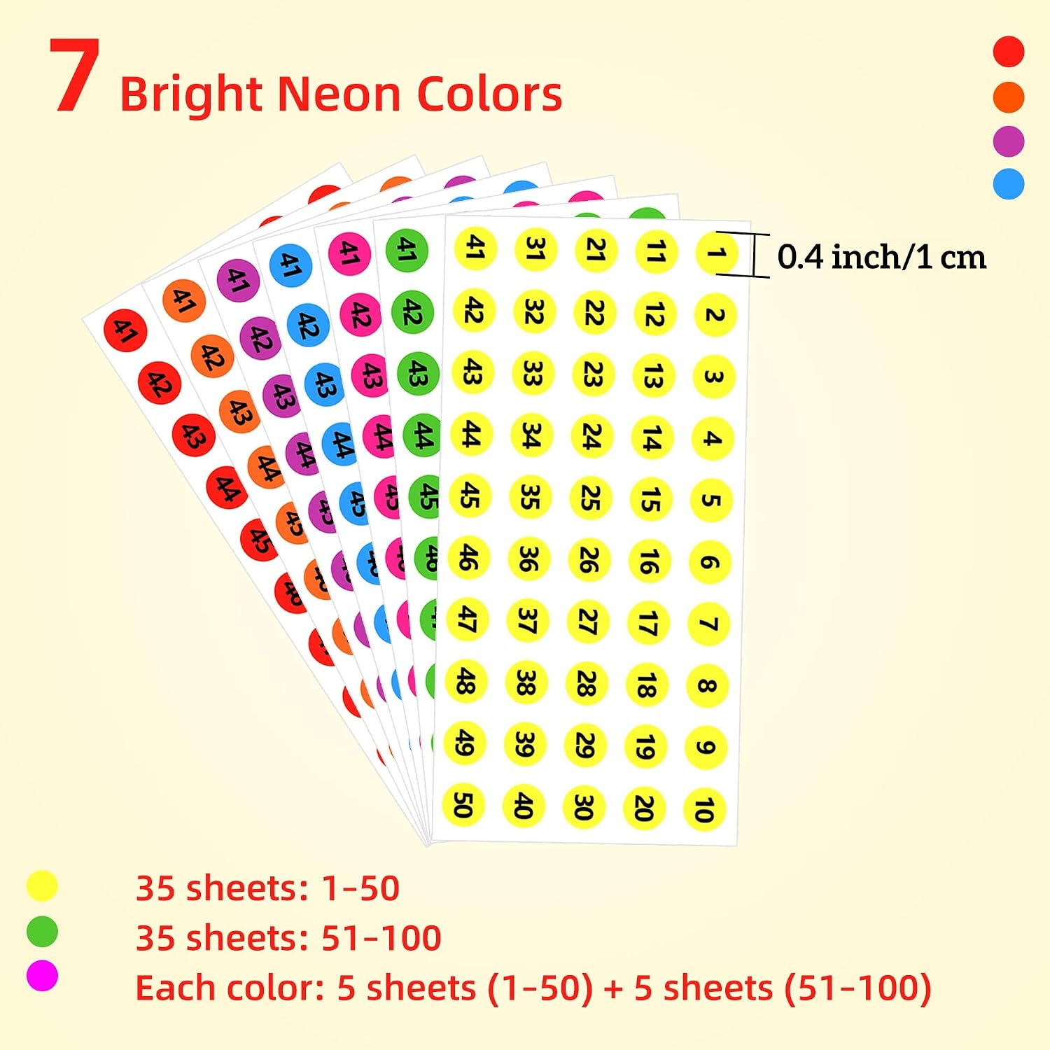 Number Stickers 1-100, 0.4 Inch, 3500 Pcs, Multicolor | Small Number Dot Labels, Consecutive Number, Self Adhesive Decal, For Inventory, Storage, Boxes, Classification, Organizing