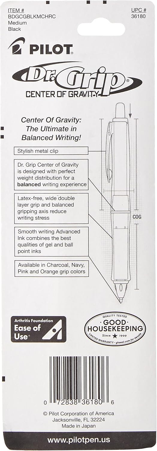 PILOT Dr. Grip Center of Gravity Refillable & Retractable Ballpoint Pen, Medium Point, Charcoal Grip, Black Ink, Single Pen (36180) (Pack of 2)