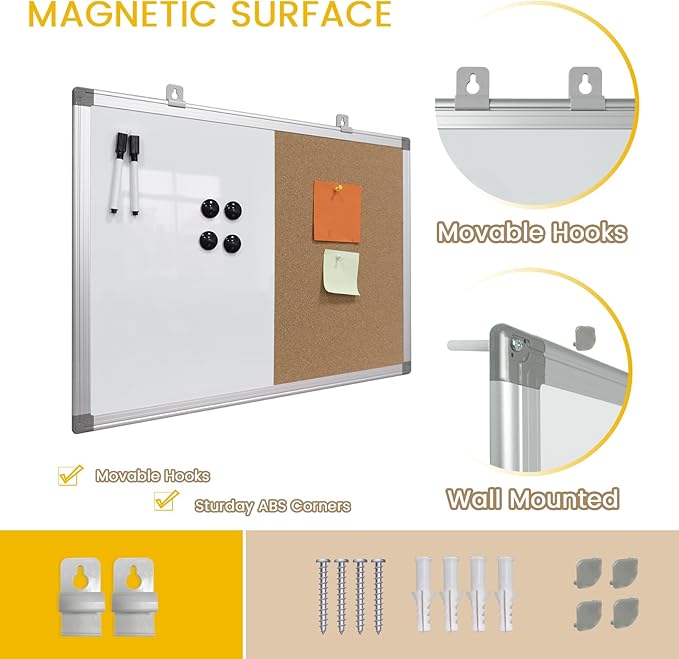 Combination Writeboard 36"x 24" Magnetic Whiteboard & Cork Board Aluminium - Image 3