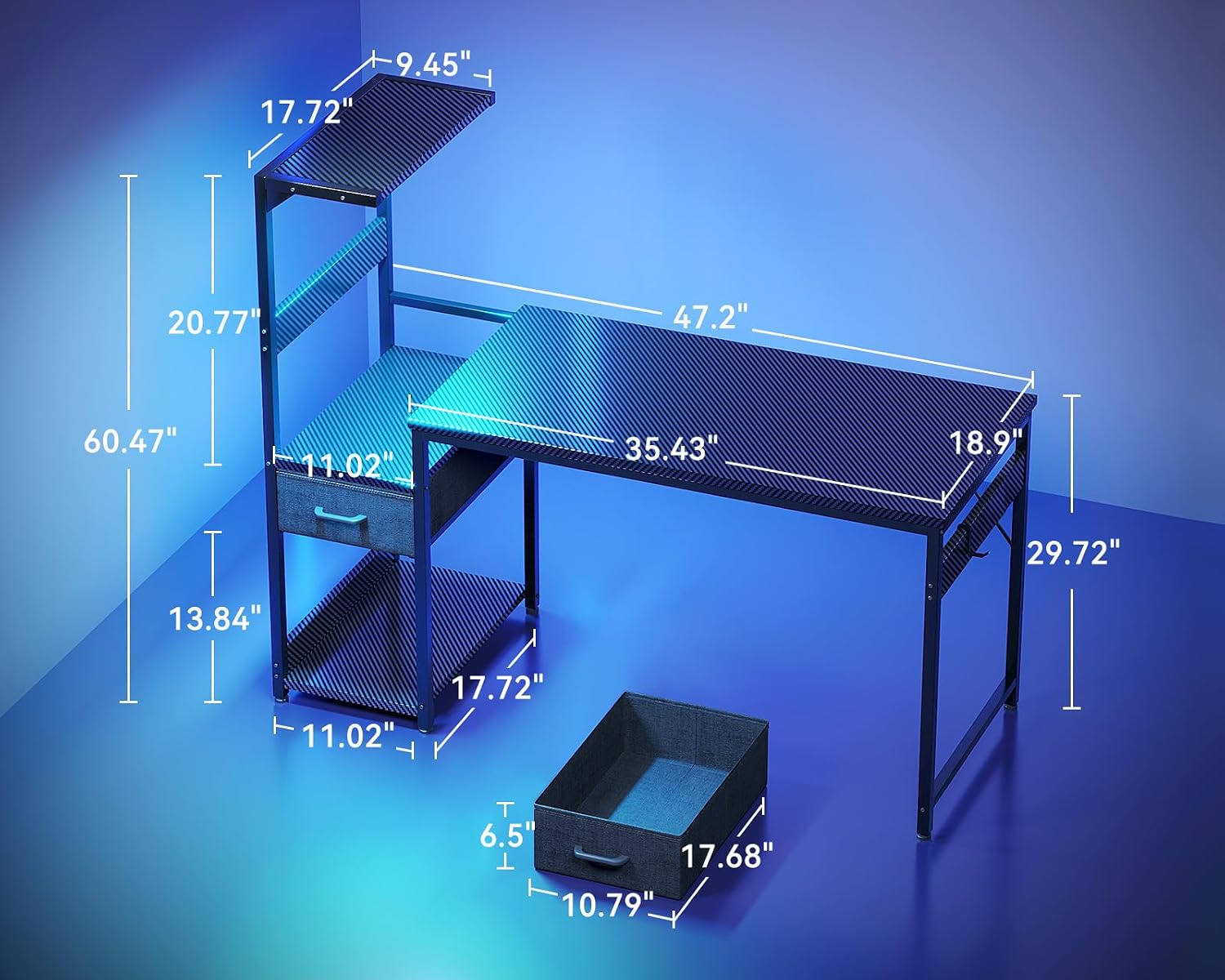 Casaottima 48'' Gaming Desk with LED Lights & CPU Stand, Reversible Computer Desk with Storage Shelves & Fabric Drawer, Modern PC Gamer Table with Headphone Hook, Carbon Fiber Black