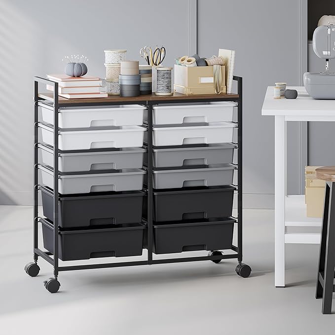 Rolling Storage Cart with 12 Drawers, Wooden Tabletop Utility Cart - Image 2