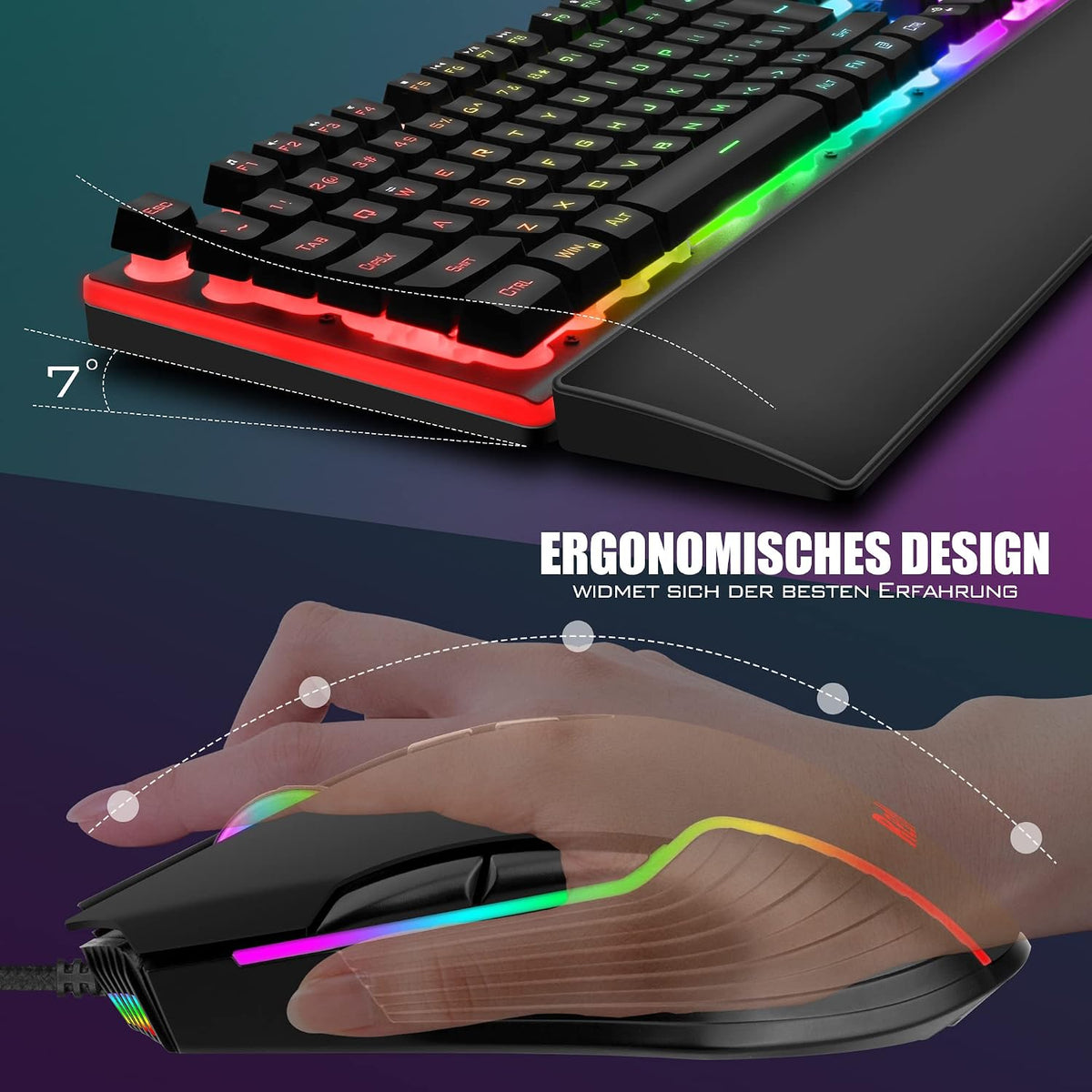 RedThunder K10 Wired Gaming Keyboard and Mouse and Wrist Rest Combo, RGB Back...
