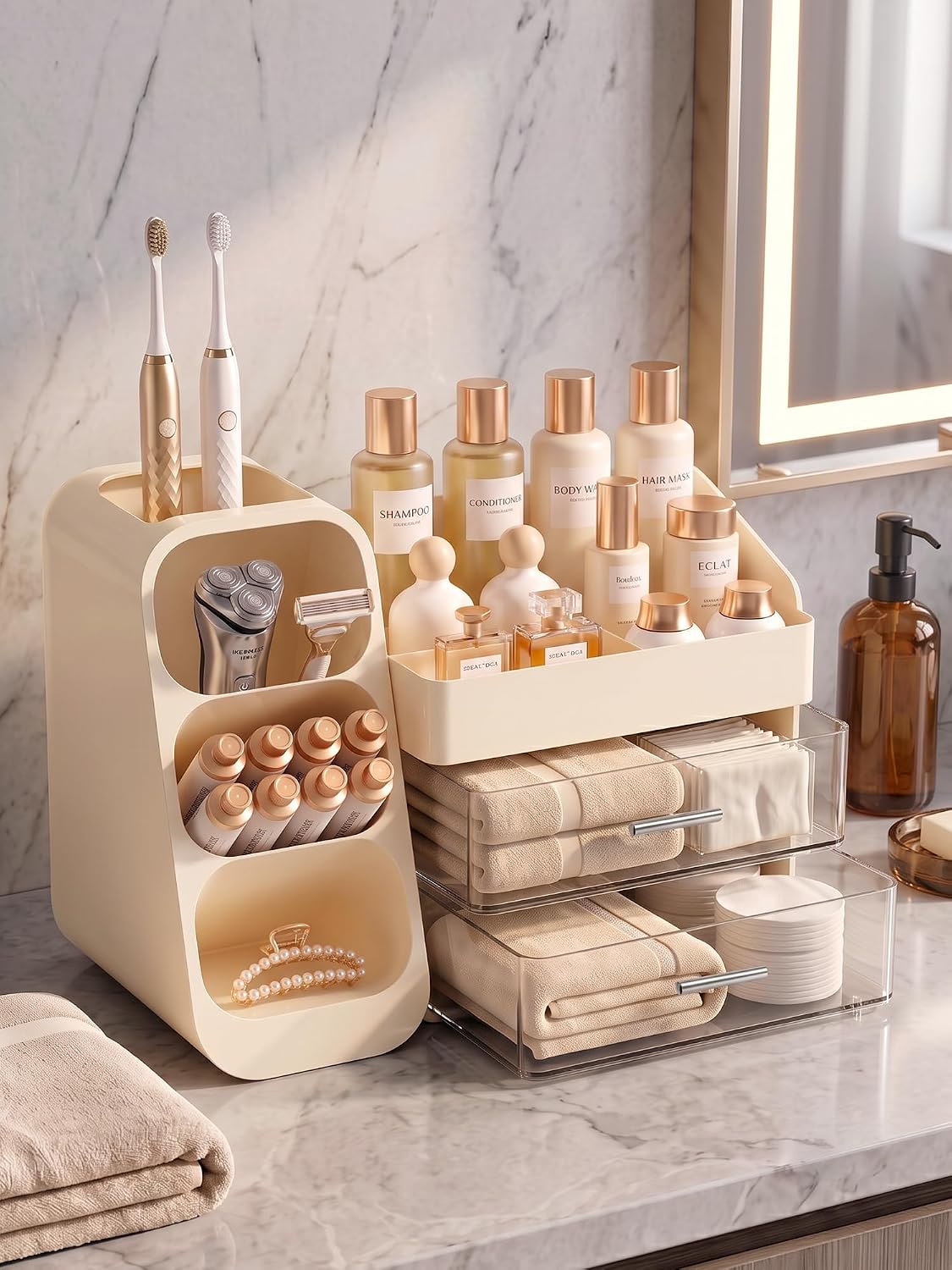 Booklov Large Makeup Organizer for Vanity Countertop, Cream